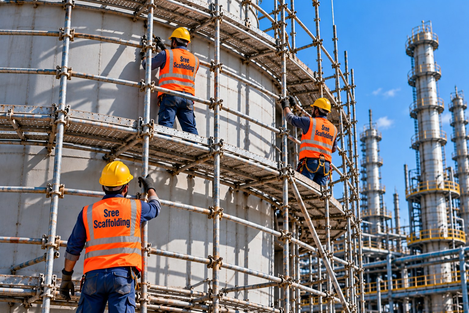 Sree Scaffolding workers erecting scaffolding around an industrial tank